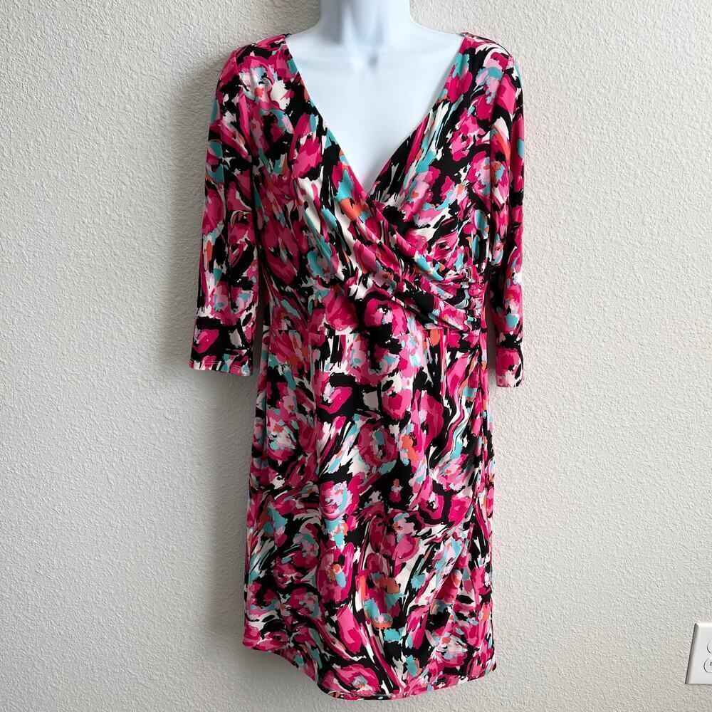 Evan Picone Cocktail Dress Women's 8 Pink Abstract V-neck Stretch Knee Length